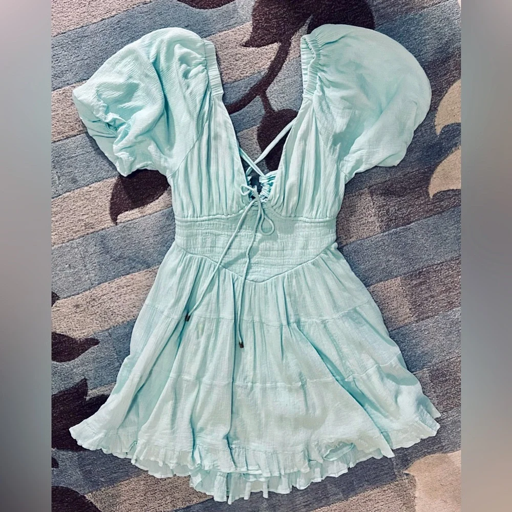 FREE PEOPLE Perfect Day Balloon Sleeve A-line Mini Dress w Lace Up Tie Back
